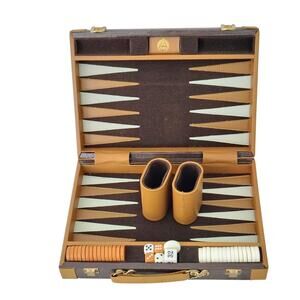 Vintage Aries Backgammon Travel Game Set 15 Brown 16 Cream Pieces COMPLETE
